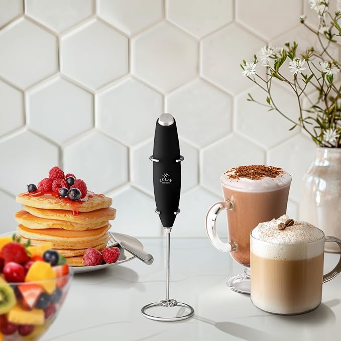 Kitchen Powerful Milk Frother Wand With 2 Duracell Batteries - Ultra Fast Handheld Drink Mixer - Electric Whisk Foam Maker for Coffee, Lattes, Cappuccino, Matcha, Hot Chocolate & Creamer - Black