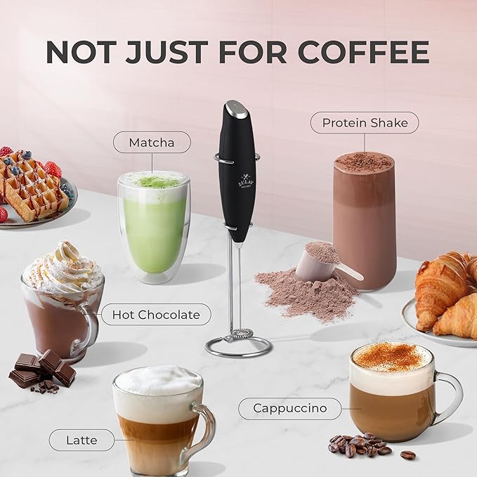 Kitchen Powerful Milk Frother Wand With 2 Duracell Batteries - Ultra Fast Handheld Drink Mixer - Electric Whisk Foam Maker for Coffee, Lattes, Cappuccino, Matcha, Hot Chocolate & Creamer - Black